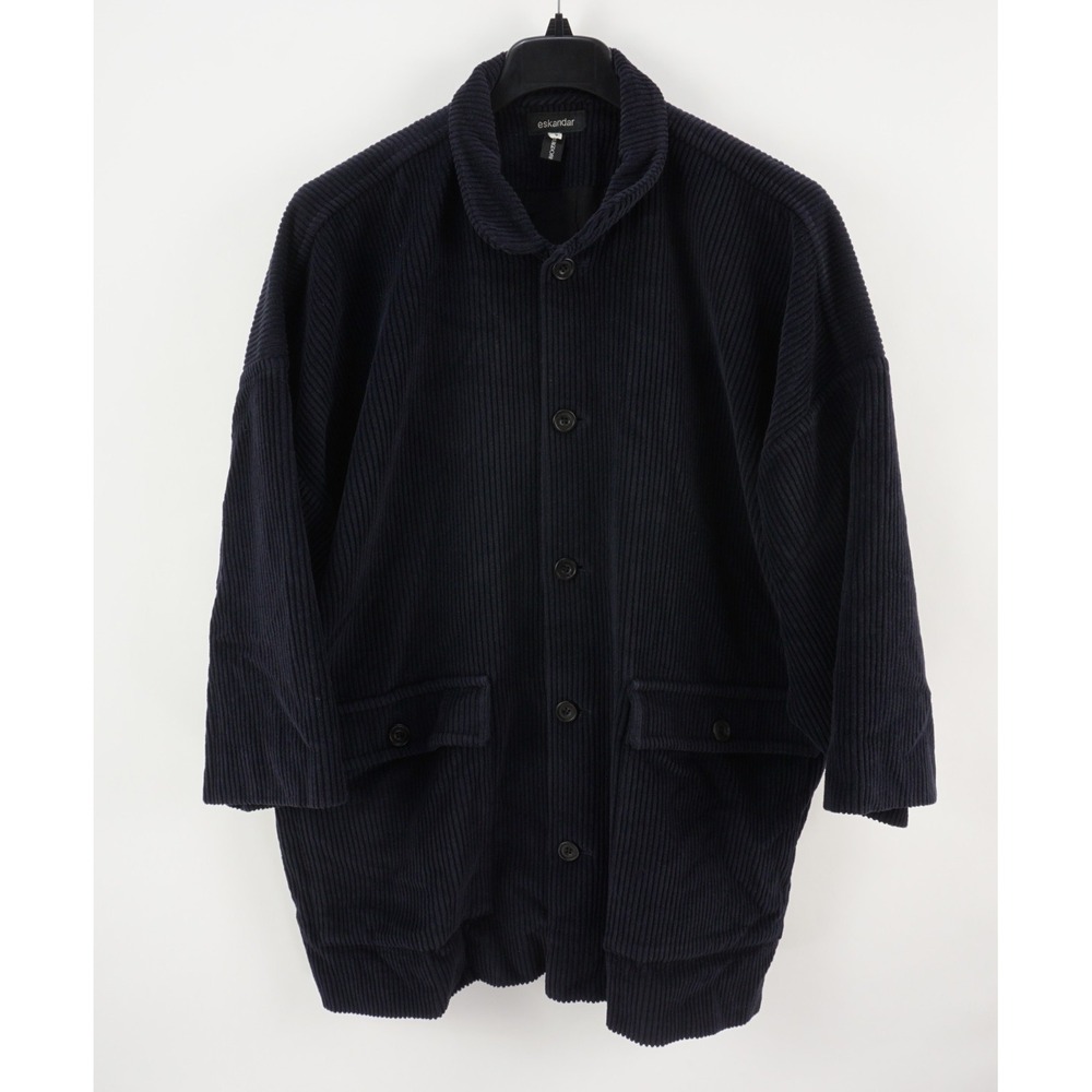 Eskandar Orylag Cashgora Wool Corduroy Coat Jacket Size 0 3/4 Sleeve Navy Blue